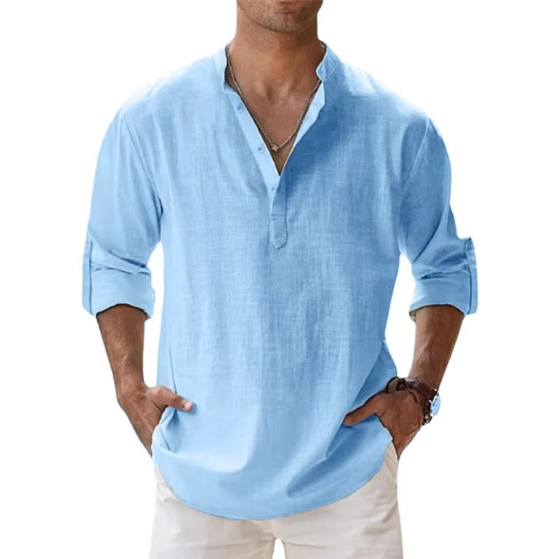 Lightweight Men’s Long Sleeve Cotton Linen Henley Shirt for Casual Beachwear