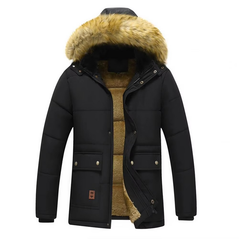 Men’s Fleece-Lined Winter Parka Coat with Fur Hood, Sizes up to 5XL