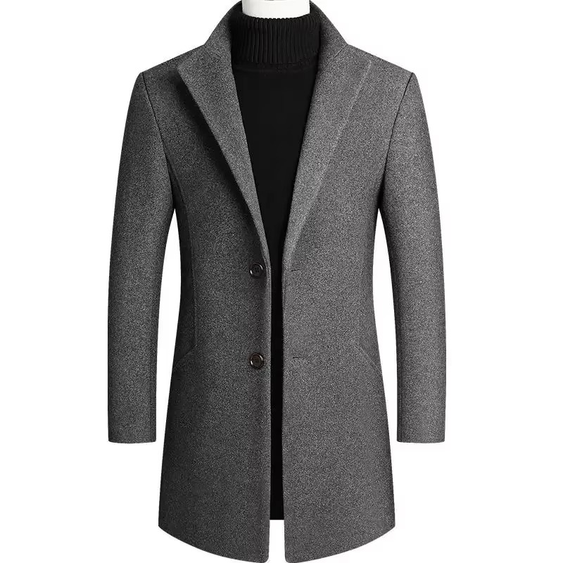 Men's Medium Long Wool Blend Trench Coat for Autumn and Winter