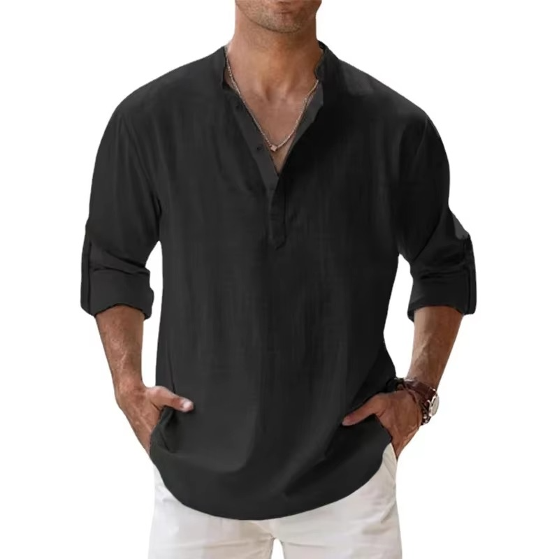 Lightweight Men’s Long Sleeve Cotton Linen Henley Shirt for Casual Beachwear