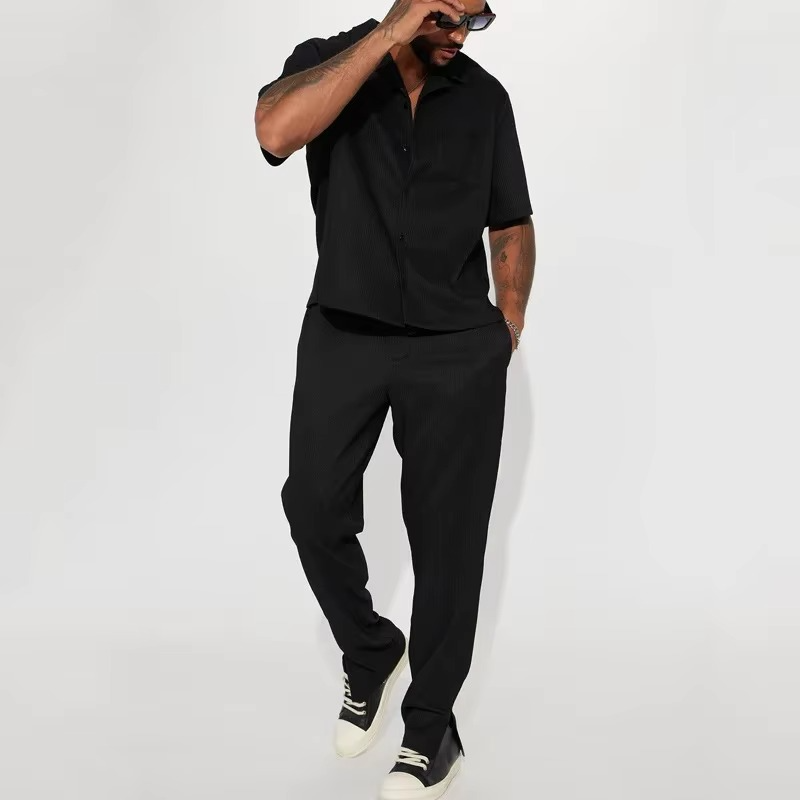 Men's Solid Two-Piece Casual Streetwear Set – Short Sleeve Lapel Shirt with Matching Pants