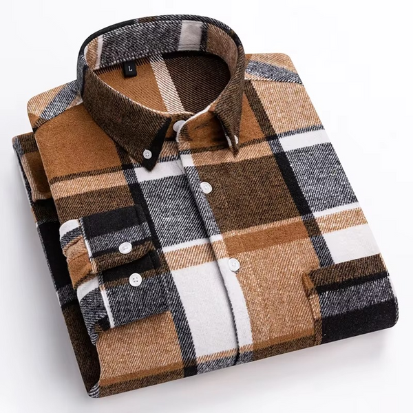 Men's Plus Size 7XL 100% Cotton Plaid Long Sleeve Shirt with Single Chest Pocket