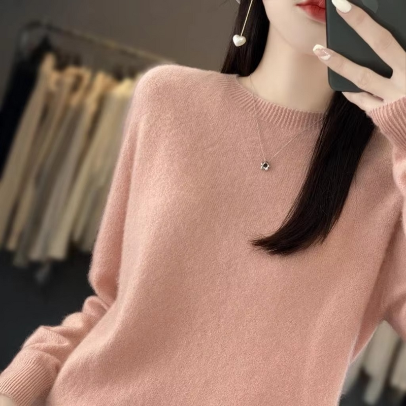 Women's Wool Blend Sweater, Loose Fit Crew Neck Knit Pullover for Fall and Winter
