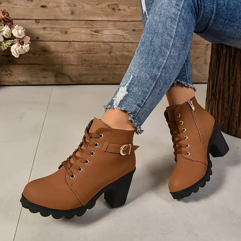 Women’s Autumn Winter Lace-Up High Heel Boots with Anti-Slip Soles