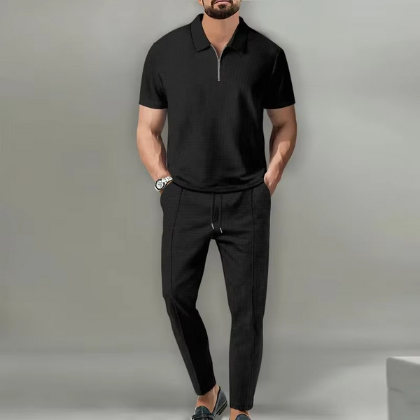 Men's 2-Piece Solid Color Waffle Collar Short Sleeve Zip Pants Set