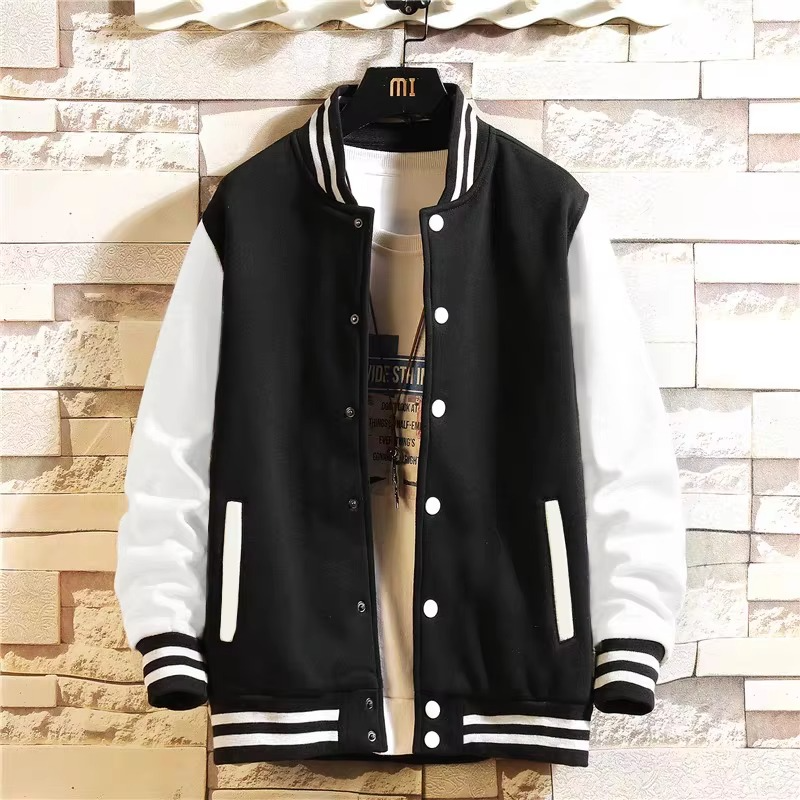 Black Gray White Oversized Fleece Baseball Jacket for Men and Women