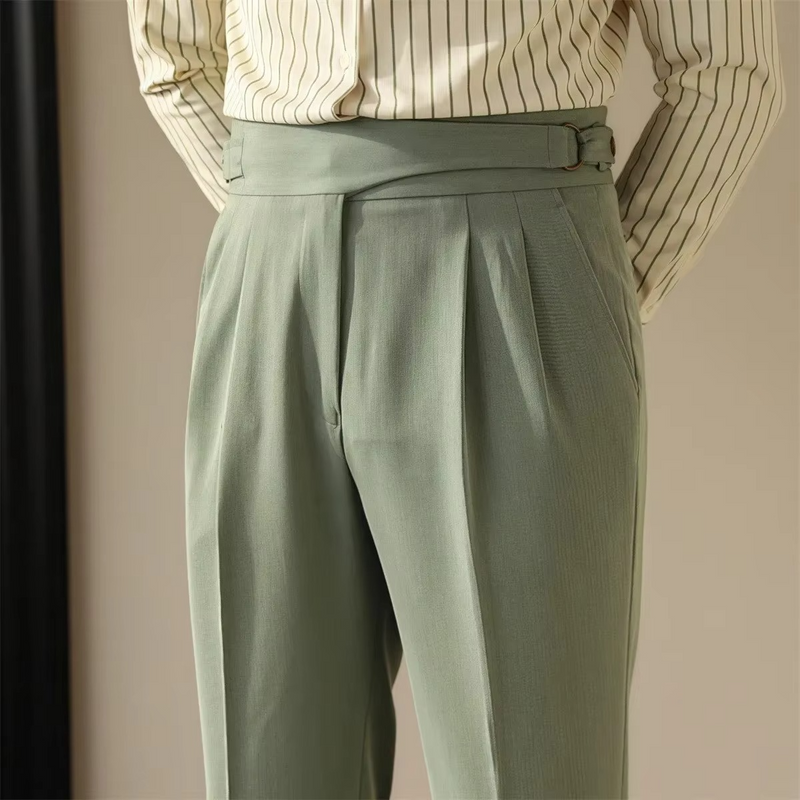 Paris Buckle Men's High Waist Slim Fit Trousers Vintage British Business Casual Pants