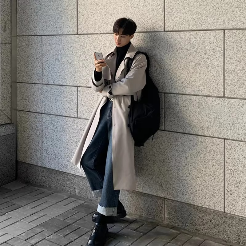 Men's Long Spring Trench Coat, Modern Korean Style Windbreaker Overcoat