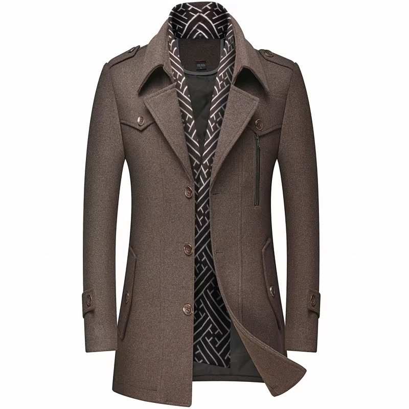 Men's Mid-Length Wool Blend Winter Coat with Scarf Collar, Padded Warm Overcoat M–5XL