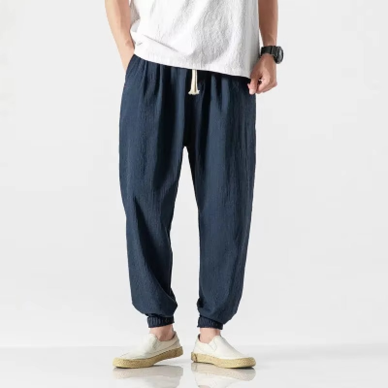 Men's Cotton Linen Casual Pants, Relaxed Fit Harem Trousers with Cuffed Ankle