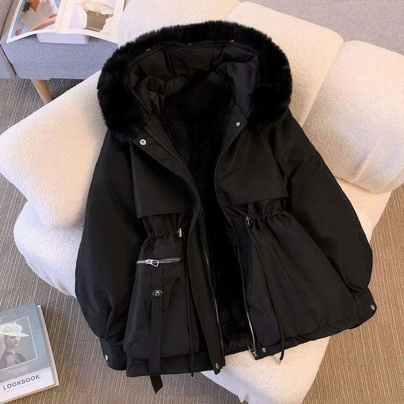 Women's Fleece Lined Down Parka – Warm Padded Winter Coat with Drawstring Hood