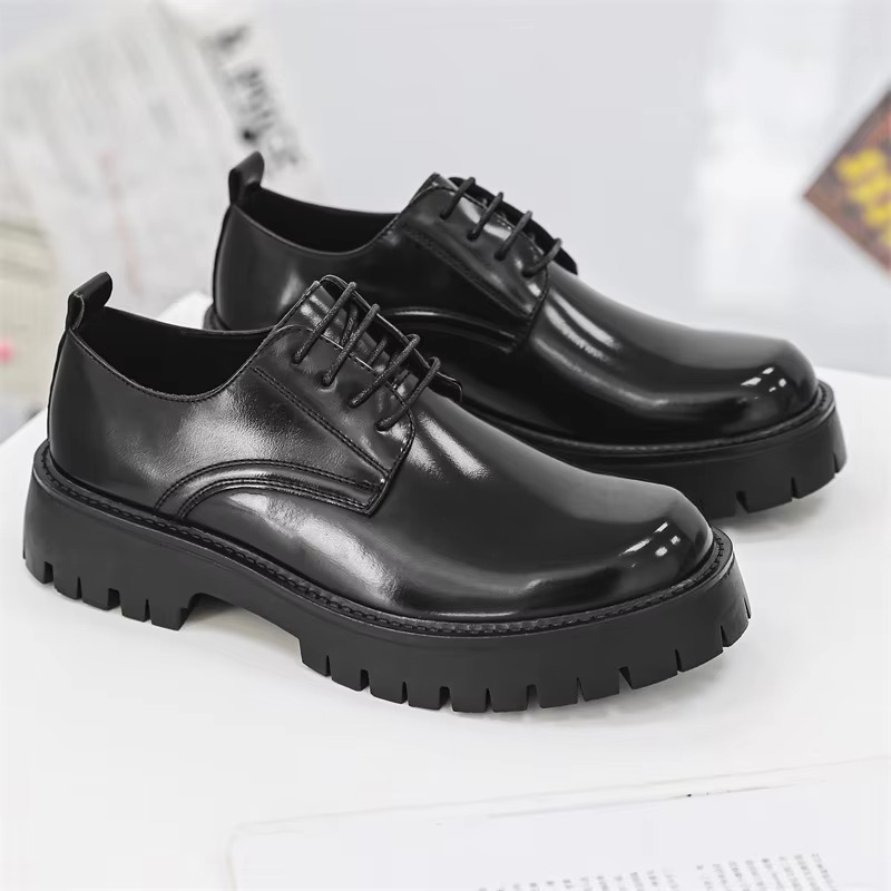 Men's Business Casual Leather Derby Shoes with Lace-up Design and Elevated Thick Sole