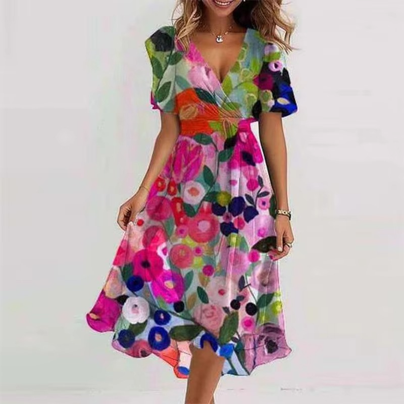 Summer V-Neck Floral Print Loose Casual Short Sleeve Dress for Women