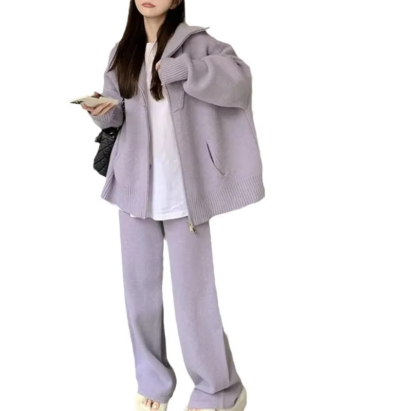 Women’s Knit Two Piece Pant Set with Zipper Sweater Coat and Wide Leg Pants