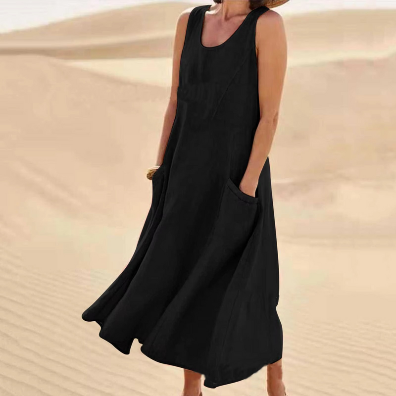 Women’s Cotton Linen Sleeveless Maxi Sundress with Pockets, Loose Fit Beachwear S-5XL
