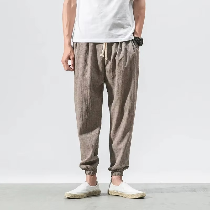 Men's Cotton Linen Casual Pants, Relaxed Fit Harem Trousers with Cuffed Ankle
