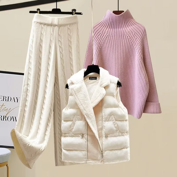 Women's 3-Piece Knitted Sweater Set with Vest, Turtleneck Pullover and Wide-Leg Pants