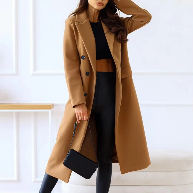 Women's Double Breasted Mid Length Winter Coat with Lapel and Long Sleeves
