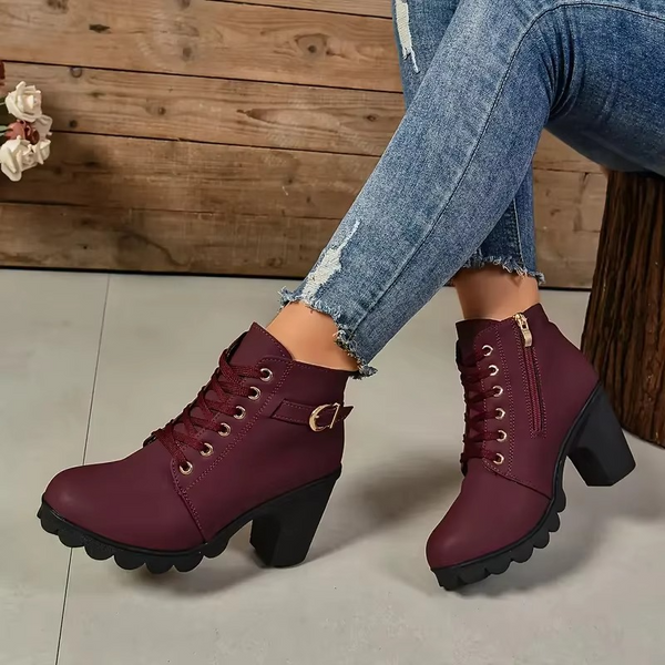 Women’s Autumn Winter Lace-Up High Heel Boots with Anti-Slip Soles