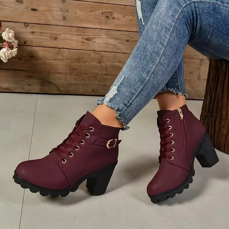 Women’s Autumn Winter Lace-Up High Heel Boots with Anti-Slip Soles