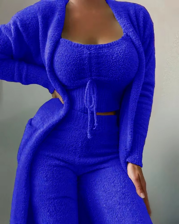 2025 Luxury Women’s Plush Pajama Set 3‑Piece Cozy Crop Top Long Pants and Coat