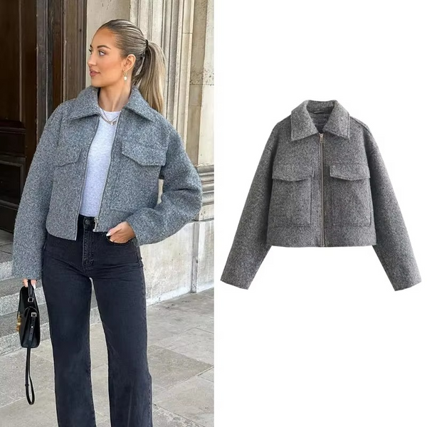 Tweed Cropped Jacket for Women – Chic Autumn Winter Short Zip Coat