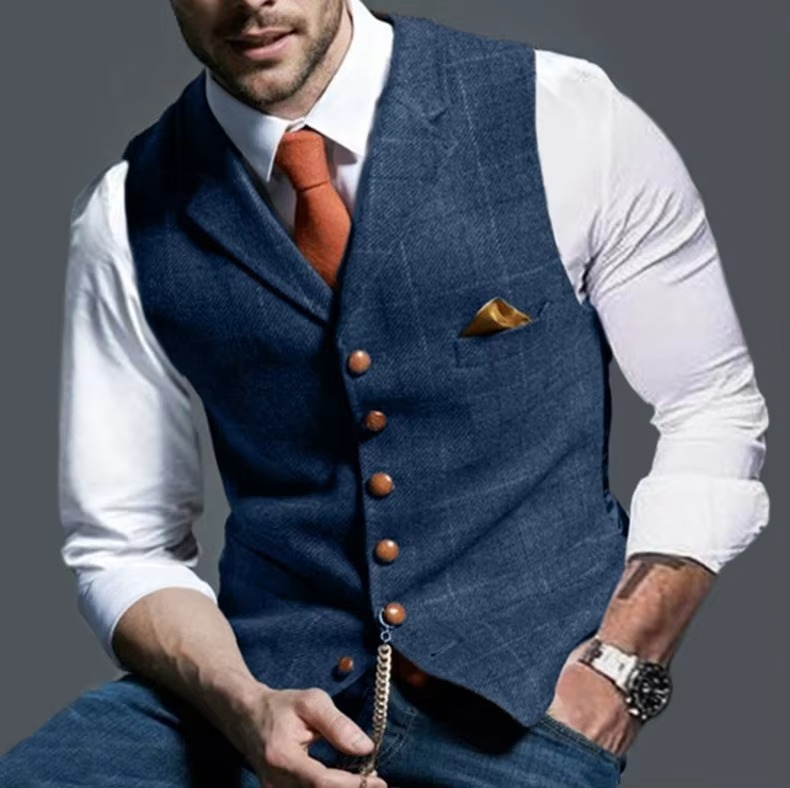 Men's Tweed Striped Waistcoat – Classic Vest for Business, Weddings, and Formal Events