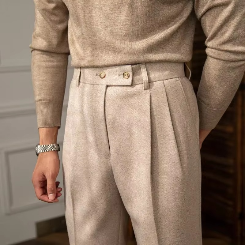 Men's High Waisted Wool Blend Casual Pants for Autumn and Winter