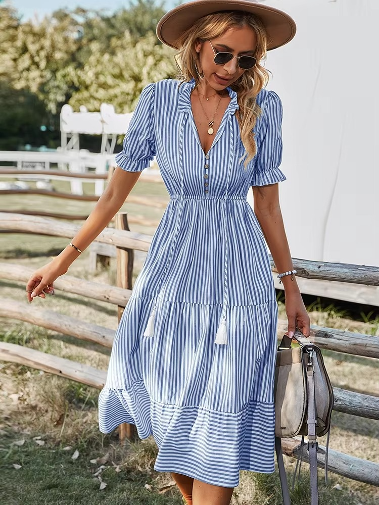 Striped V-Neck Short Sleeve Midi Dress with Tassel Details
