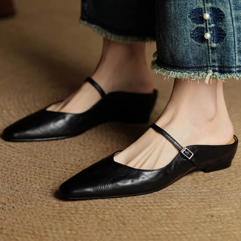 Women's Cow Leather Pointed Toe Mary Jane Slip-On Wedge Flats