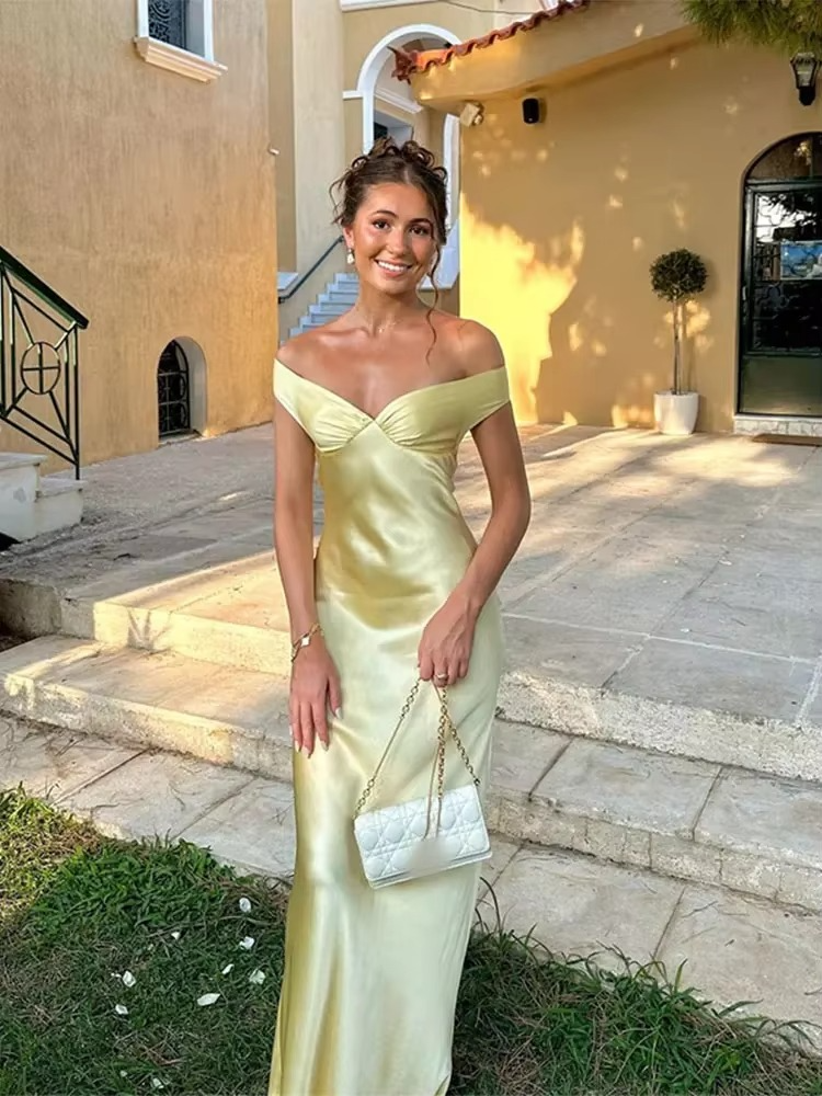 Satin Off Shoulder Backless Evening Maxi Dress For Women