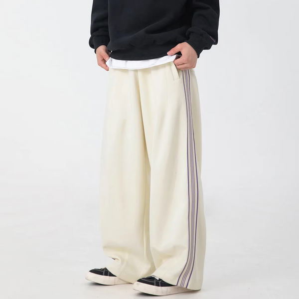 Men's Autumn Winter Stitch Design Sweatpants, Loose Fit Elastic Waist Fitness Pants
