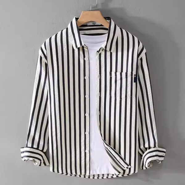 Men's Loose Fit Long Sleeve Striped Work Shirt Coat for Hairstylists