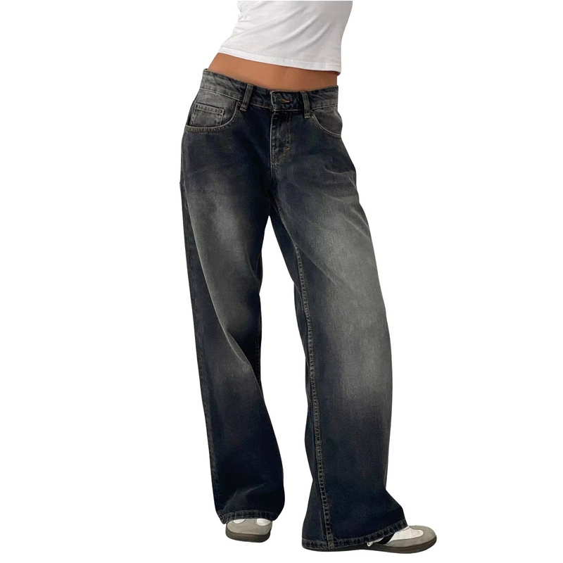 Retro Washed Mid Waisted Straight Leg Jeans for Women
