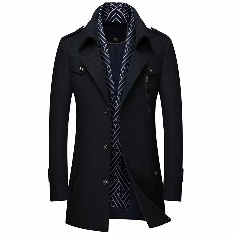 Men's Mid-Length Wool Blend Winter Coat with Scarf Collar, Padded Warm Overcoat M–5XL