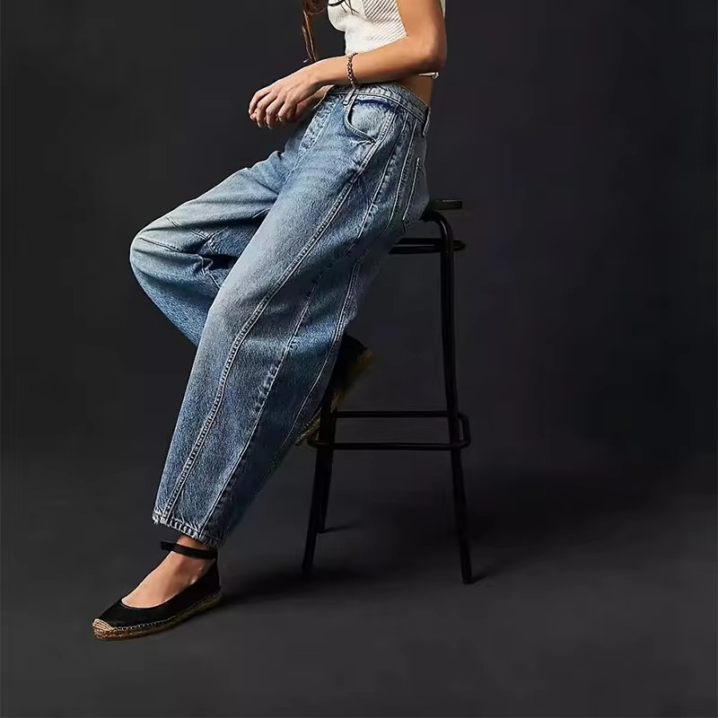 Retro Loose Fit Mid Waist Full Length Denim Jeans for Women