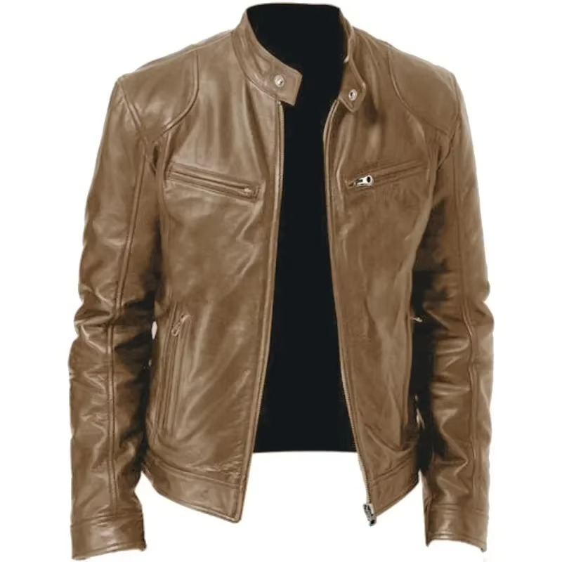 Men's Slim Fit PU Leather Jacket, Stand Collar, Anti‑Wind Motorcycle Style