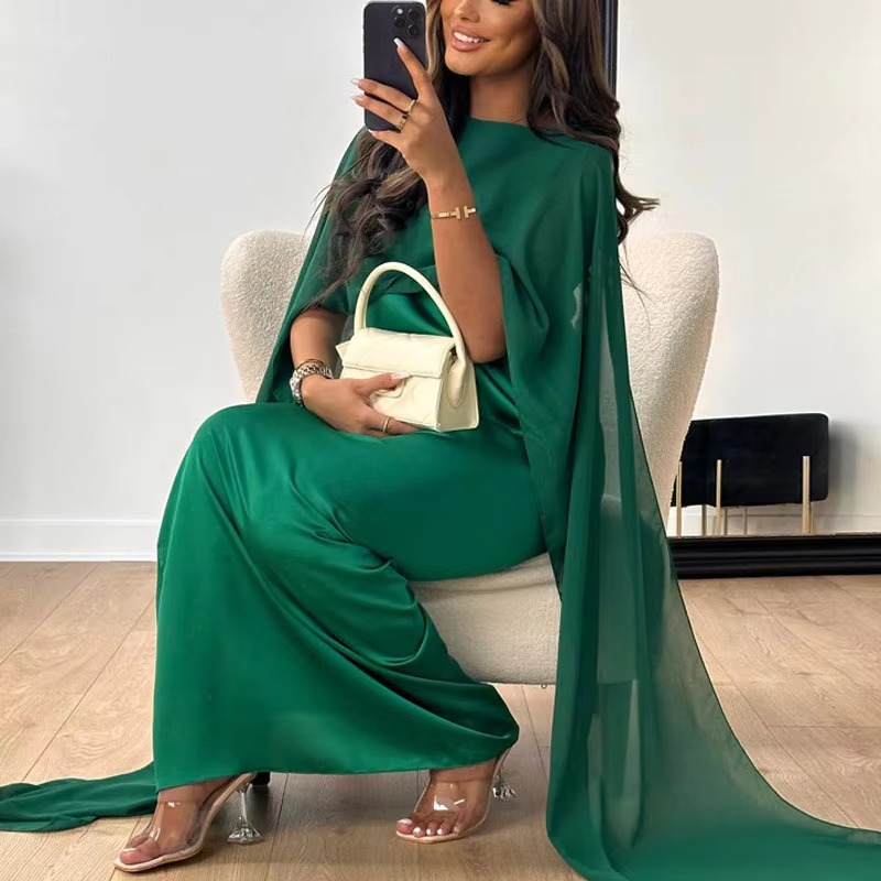 Elegant Chiffon Long Evening Dress with Flowing Shawl Sleeves