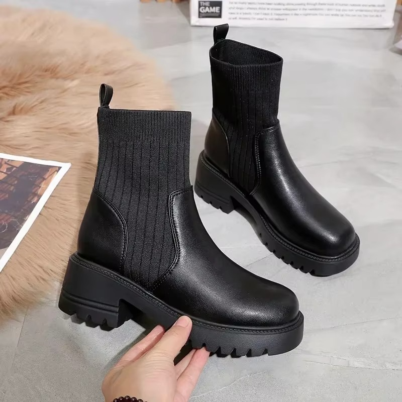 Autumn Winter Women’s Chelsea Platform Ankle Boots, Knitted High Heel PU Leather Booties