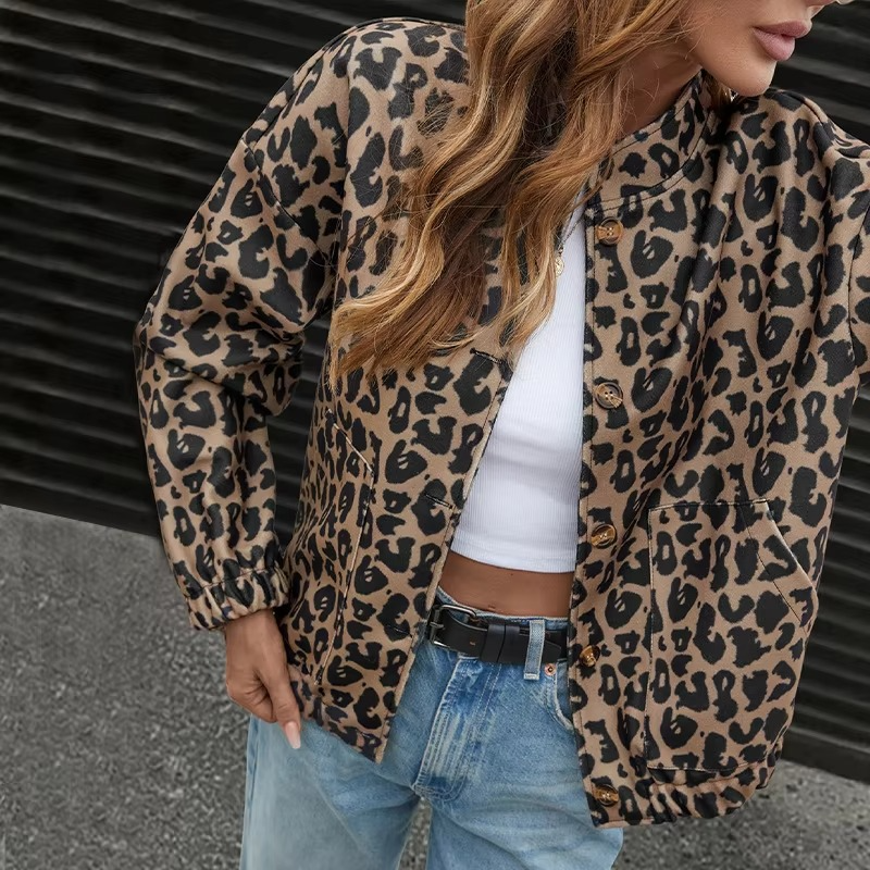 Women’s Leopard Print Stand Collar Jacket for Work and Streetwear