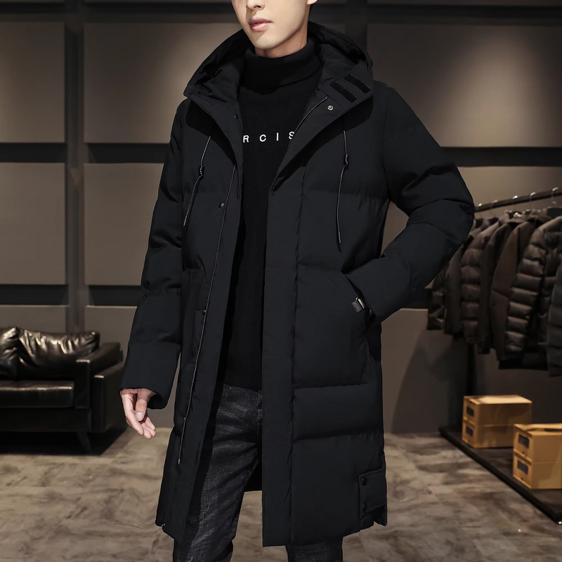 Men's Long Cotton Padded Parka Coat, Warm Lightweight Solid Color Winter Jacket