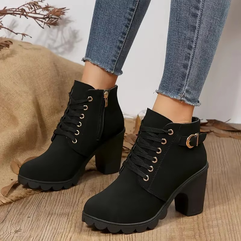 Women’s Autumn Winter Lace-Up High Heel Boots with Anti-Slip Soles