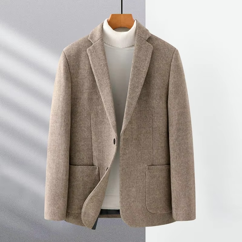 Men’s Elegant Wool Tweed Blazer in Beige, Coffee, and Gray – Business Casual Winter Jacket