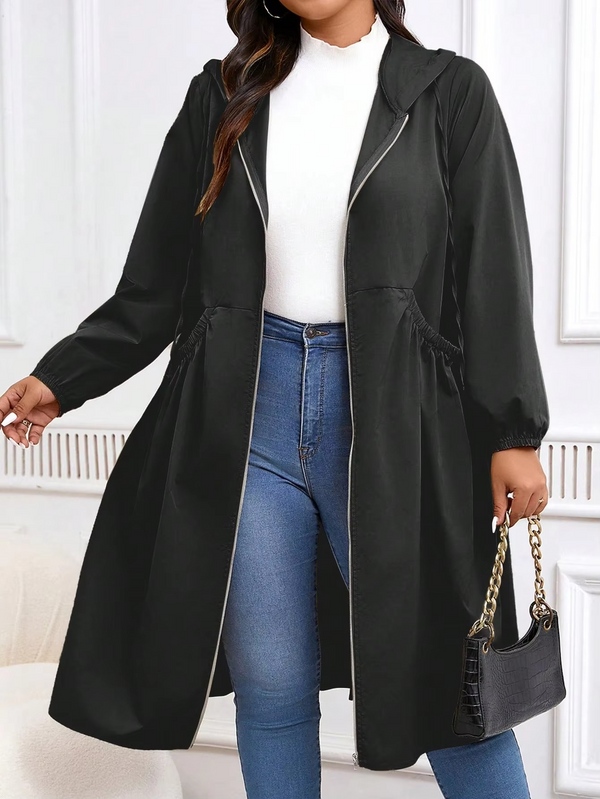 Women's Plus Size Zip Up Hooded Coat with Drawstring Waist and Pockets for Fall and Winter