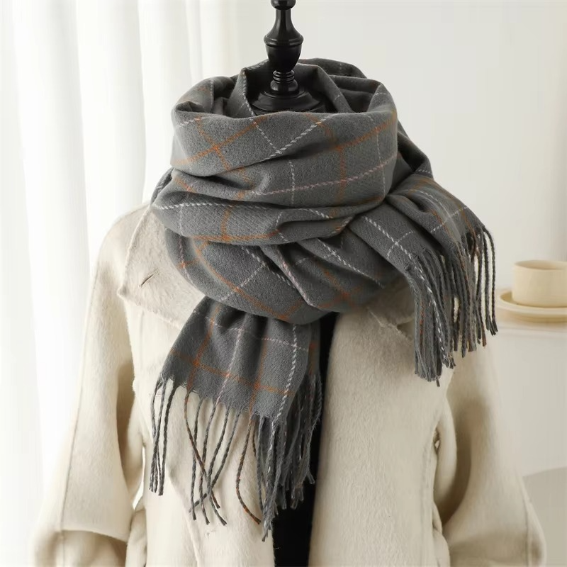 Cozy Cashmere Plaid Winter Scarf for Women, Thick Pashmina Shawl with Tassels