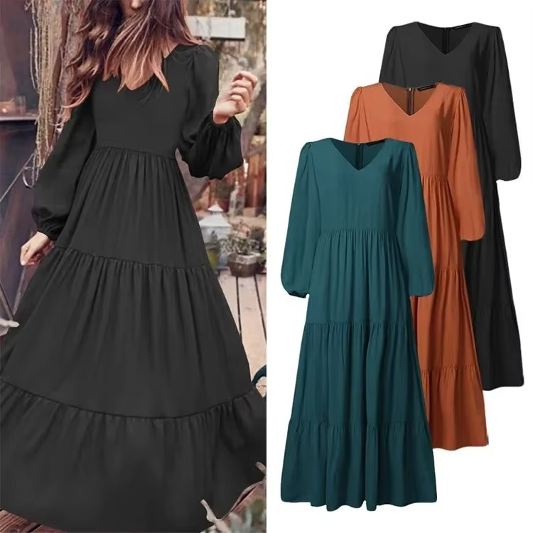 Retro Loose V-Neck Long Sleeve Dress for Women – Effortless Korean Streetwear Chic