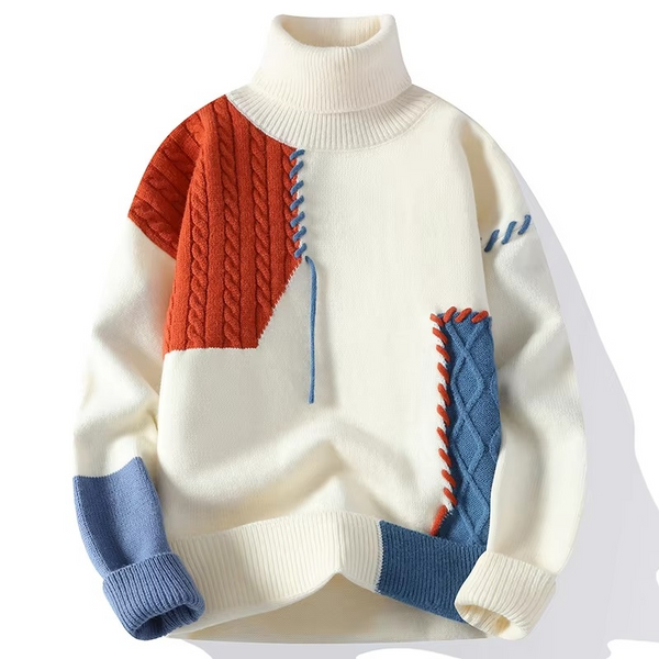 Men's Patchwork Knit Turtleneck Sweater Casual Warm Pullover