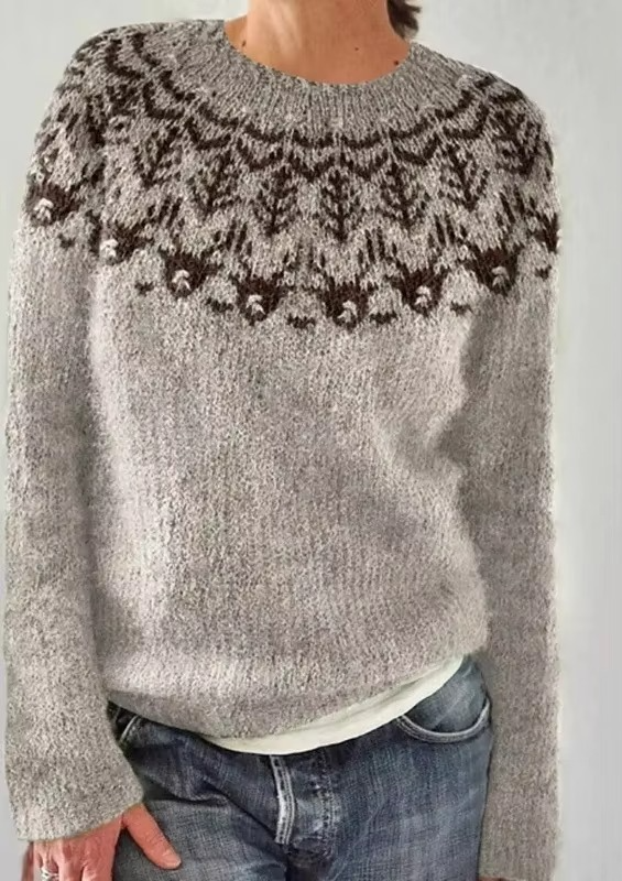 Color Block Loose Fit Women’s Knitwear Top with Round Neck and Full Sleeves