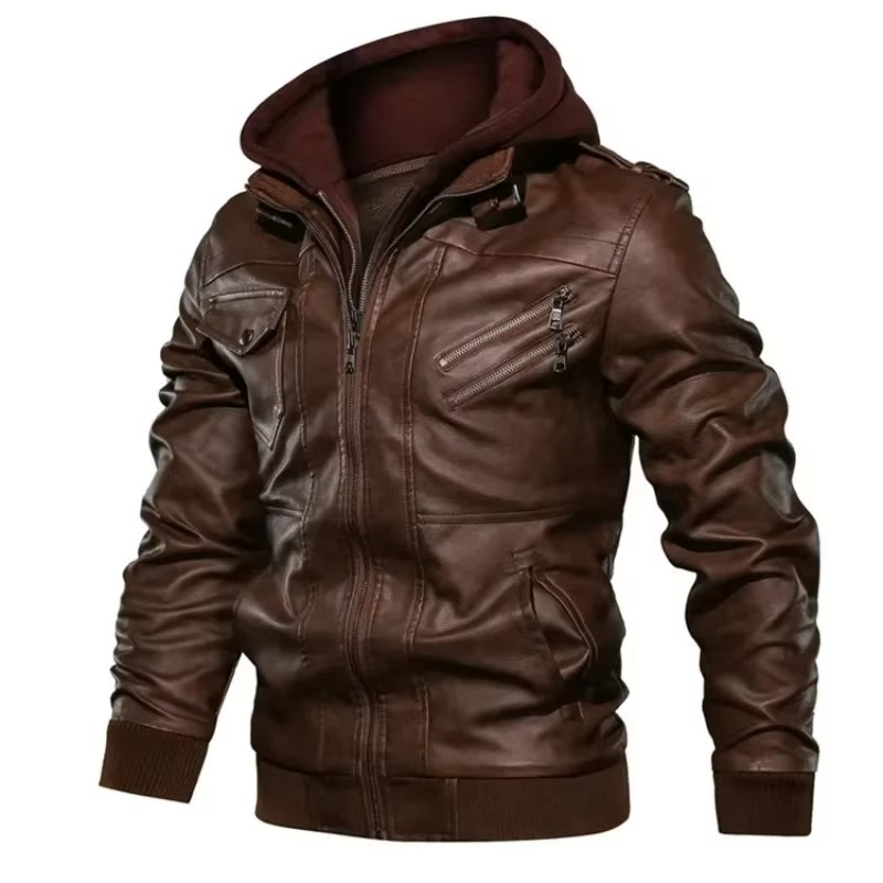 Men's Hooded PU Leather Biker Jacket Streetwear Zipper Coat for Spring or Fall