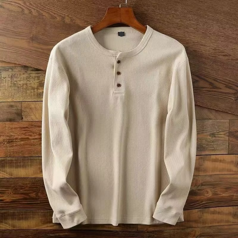 Slim Fit Men’s Henley Waffle Long Sleeve Cotton Tee
